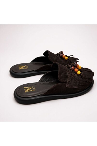 NE&VE SHOES Brown Suede Genuine Leather Beaded Women's Saba Slippers