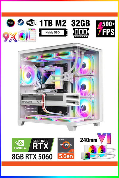 Zeiron Warrior Eagle X55 White Ryzen 7 5700X 32GB 1TB M.2 RTX5060 27" 240Hz Sıvı Soğutma Oyuncu Bilg