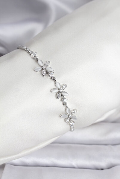 Clariss Çiçek Model Zirkon Taşlı Gümüş Renk Pirinç Su Yolu Kadın Bileklik - B...