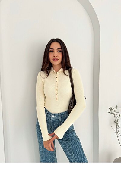 Noi Belis Premium İplik D Mock Neck Half Placket Button Knitwear Sweater Aw25Kz0116