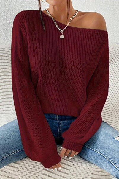 Mossta Off-Shoulder Boat Neck Knitwear Blouse - Burgundy