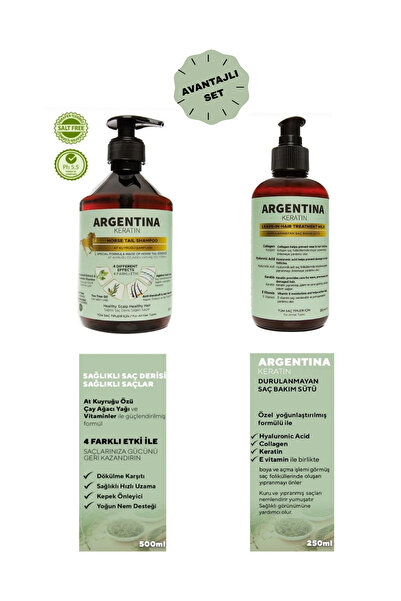 ARGENTİNA KERATİN Keratin & Dökülme Önleyici At Kuyruğu Şampuan 500 ml. ve Durulanmayan Saç Bakım Sütü 250 ml.