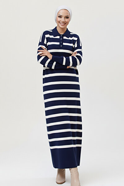 benguen Striped Knitwear Dress with Button Detail on the Collar 11031-1 Navy Blue