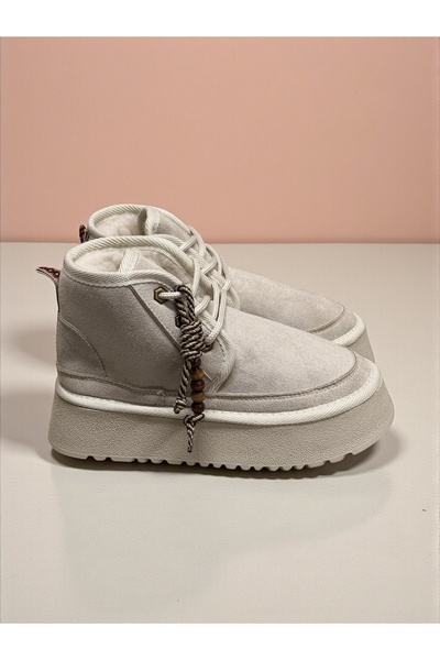 Jarrox Icon Beige Women's Boots with Bead Accessories, Suede Look, Fur Lining Inside, Poly Sole