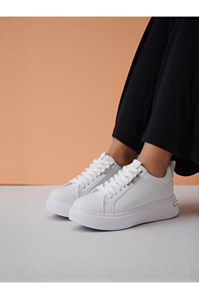 Jarrox Lola White Women's Sneaker with Silver Accessory Detail (4.5 cm Poly Sole)