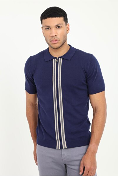 Dufy Lacivert Fermuar Yaka Çizgili Slim Fit Kısa Kollu Erkek Triko T