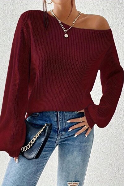 Mossta Off-Shoulder Boat Neck Knitwear Blouse - Burgundy