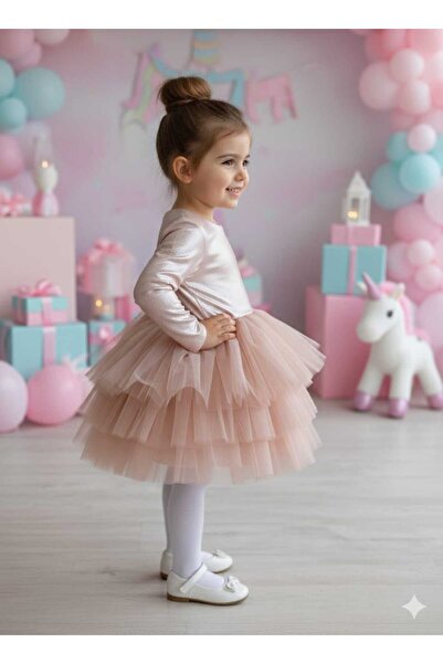 penu baby kids Powder 3-Layer Tulle Skirt with Shiny Jersey Fabric Lining Long Sleeve Girls' Baby Girl Dress