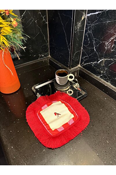 Karam Home Kuş Desenli Püsküllü Kokteyl & Sunum Peçetesi – Kırmızı Pembe, 4 Kenar Kırmızı Püskül