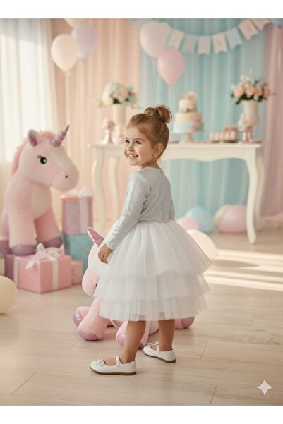 penu baby kids Rochie pentru fetiță, ecru, cu 3 straturi, cu fustă din tul, din țesătură din jerseu strălucitor, căptușită, cu mâneci lungi