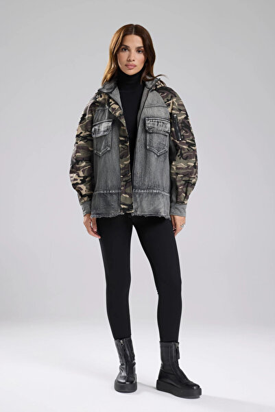 it's basic Kadın Denim ve Kamuflaj Kumaş Garnili Tasarım Oversize Ceket