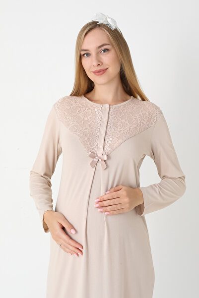 ERDENİZ TEKSTİL Lace Sleeve Maternity Nightgown and Robe Set Viscose Cotton - Pomegranate Flower and Mink