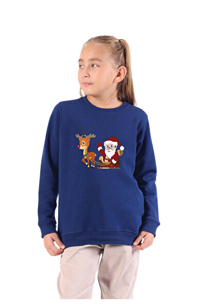 Rekormoda Christmas Printed Sweatshirt for Girls, Christmas Themed, Crew Neck, 3-Thread, Fleece-Lined 5-10 Years Old, Navy Blue