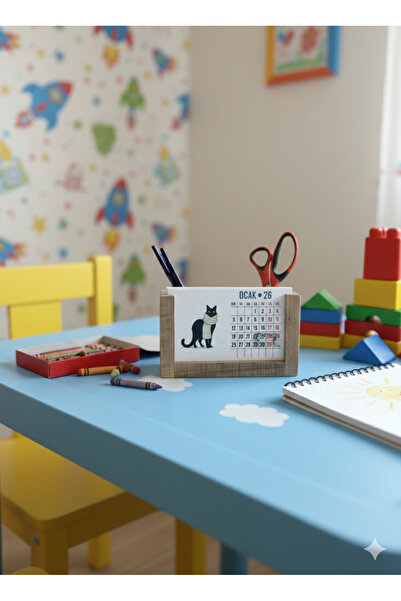 KAVSA Kedi Temalı Ahşap Takvimli Kalemlik