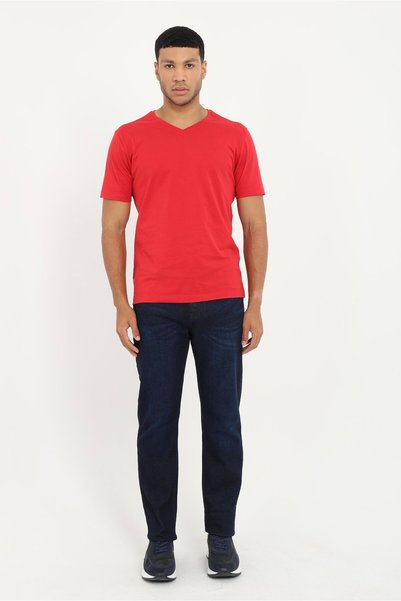 Dufy Men's Slim Fit V-Neck Red T-Shirt