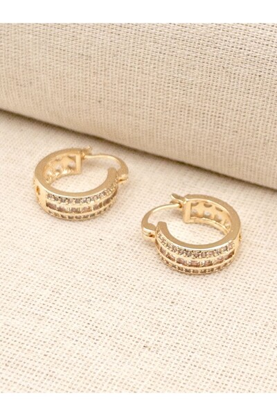 Siya Silver Özel Seri Üç Sıra Zirkon Taşlı Çelik Halka Küpe - 1,7 cm