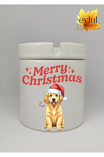 Eylül Design كلب لطيف مع قبعة رأس السنة الجديدة، عيد ميلاد سعيد مطبوع، منفضة سجائر سيراميكية غير معطرة