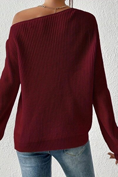 Mossta Off-Shoulder Boat Neck Knitwear Blouse - Burgundy