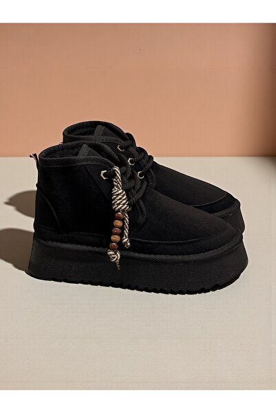 Jarrox Icon Women's Black Boots with Bead Accessories, Suede Look, Fur Lining Inside, Poly Sole