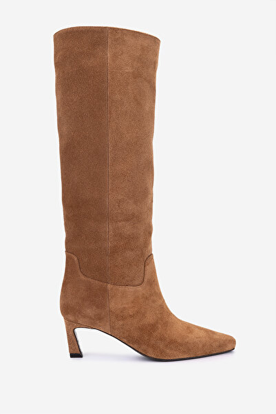 Valmenti Kadın Hakiki Deri Taba Süet Topuklu Çizme
