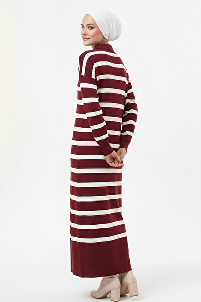 benguen Striped Knit Dress with Button Detail at the Collar 11031-1 Claret Red