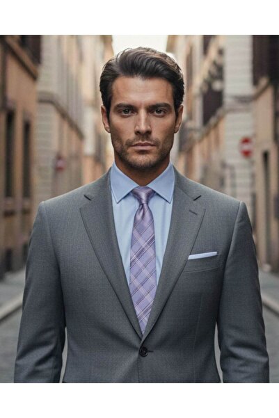 1001 Kravat Plaid Patterned Lilac Tie - 8 cm Width