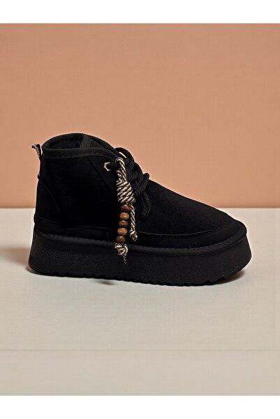 Jarrox Icon Women's Black Boots with Bead Accessories, Suede Look, Fur Lining Inside, Poly Sole