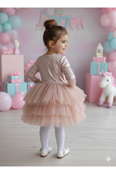 penu baby kids Powder 3-Layer Tulle Skirt with Shiny Jersey Fabric Lining Long Sleeve Girls' Baby Girl Dress