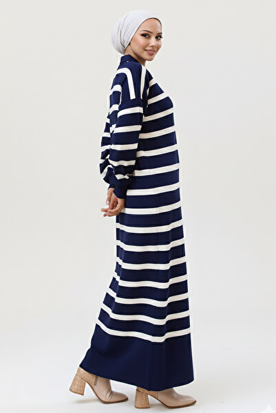 benguen Striped Knitwear Dress with Button Detail on the Collar 11031-1 Navy Blue