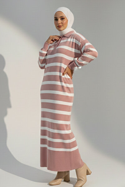 benguen Striped Knit Dress with Button Detail at the Collar 11031-1 Powder