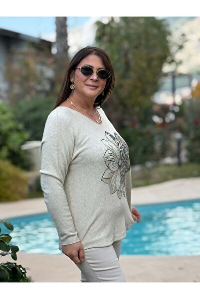 Punta Otantik Yg8024 Floral Patterned Stone Italian Knitwear Blouse Cream