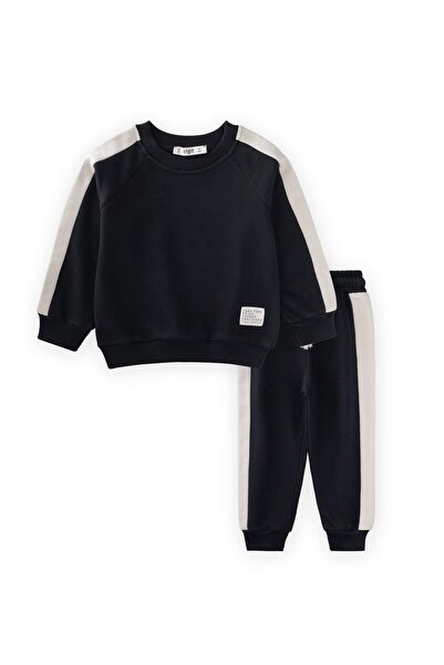 Cigit Paneled Sweatshirt Set 2-8 Years Black