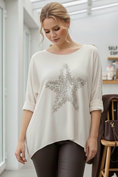 Chiccy Ιταλική μπλούζα με μακρυμάνικο λαιμόκοψη σε κρεμ χρώμα με απλικέ αστέρια casual μαλακό πλεκτό πλεκτό 72 65