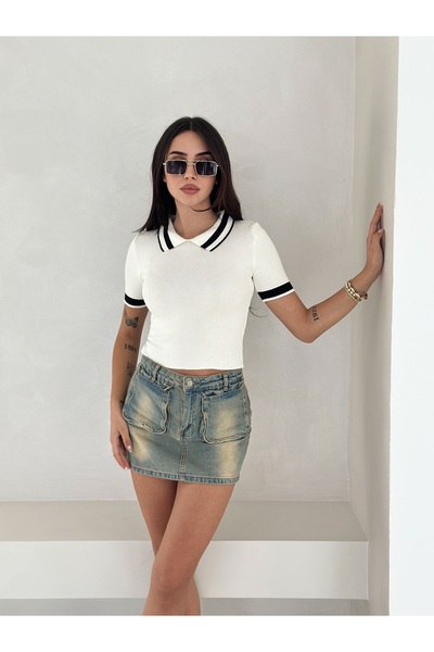 LAVRE Πλεκτή μπλούζα με λεπτομέρεια ρίγες, γιακά πόλο και κοντά μανίκια