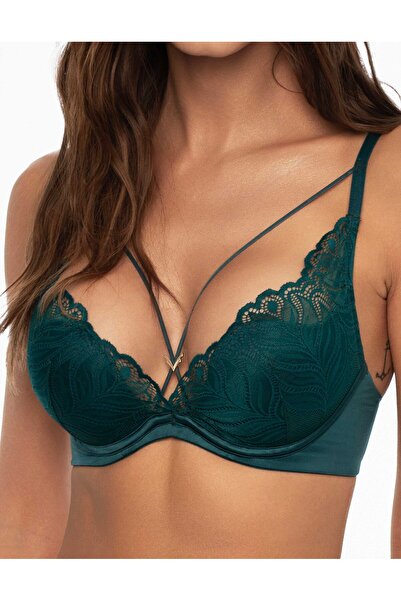 ESOTIQ Sutien push-up cu bretele frontale, întărit, decorațiuni aurii, dantelă florală elegantă și sexy | Korin