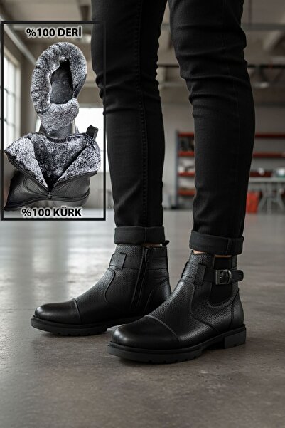 BIG KING Genuine Leather Men's Boots with Fur Inside and Zipper