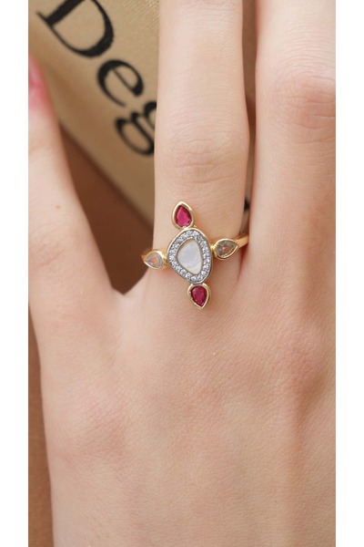 Jerie Burgundy Stone Detail Geo Design Adjustable Ring