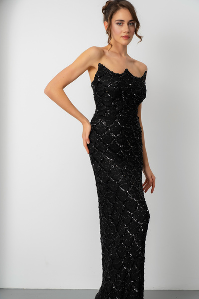 Lafaba Women's Black Strapless Beading Embroidered Long Evening Dress