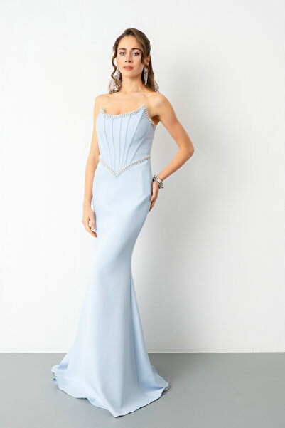 Lafaba Γυναικείο Βραδινό Φόρεμα Νυφικού Αρραβώνα Στράπλες Πέτρινο Πέπλο Στράπλες Μπλε Βραδινό Φόρεμα