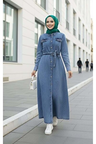 Hb Harma Time Butik Women's Beaded Buttoned Belted Denim Blue Dress