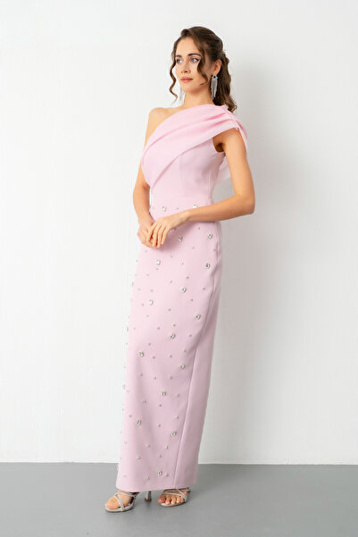 Lafaba Women's Powder One-Shoulder Stone Promise Engagement Wedding Evening Dress