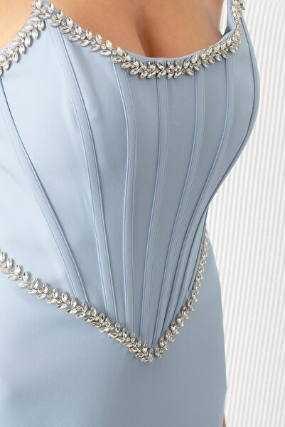 Lafaba Γυναικείο Βραδινό Φόρεμα Νυφικού Αρραβώνα Στράπλες Πέτρινο Πέπλο Στράπλες Μπλε Βραδινό Φόρεμα