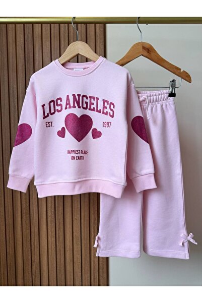 MİNİKO KİDS Girls' Heart-Patterned Wide-Leg Tracksuit Set