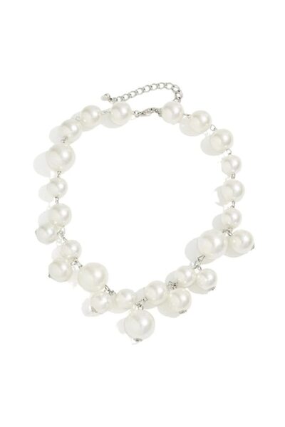 OEM Pearly White Beaded Necklace with Silvery Beads, Adjustable Length, Lobst...