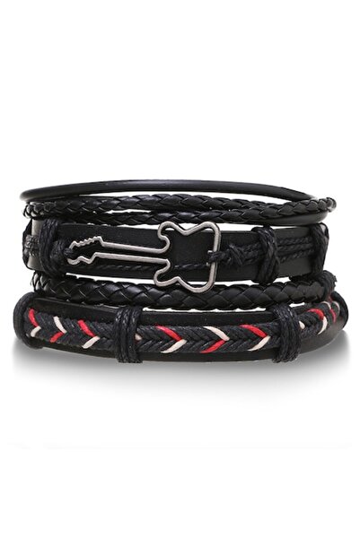 OEM Set de brățări din piele cu pandantiv chitară, reglabile, unisex, negre