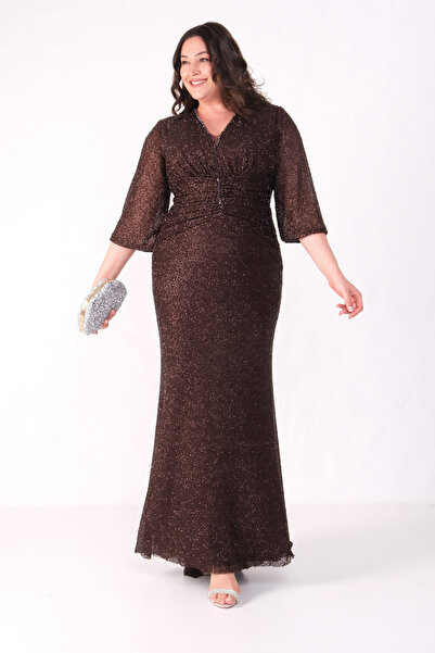 Lafaba Women's Brown V-Neck Beaded Plus Size Evening Dress