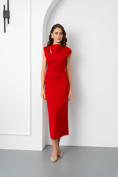 Lafaba Women's Red Collar Detail Midi Event Dress