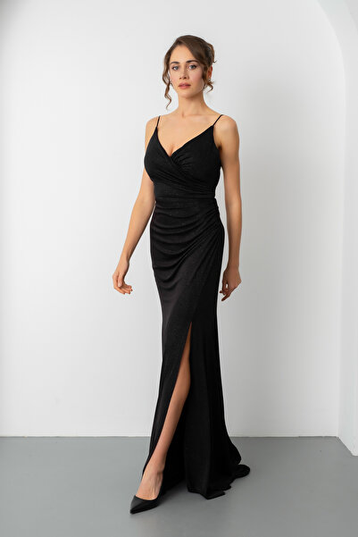 Lafaba Kadın Siyah Sırt Dekolteli Simli Uzun Abiye Elbise