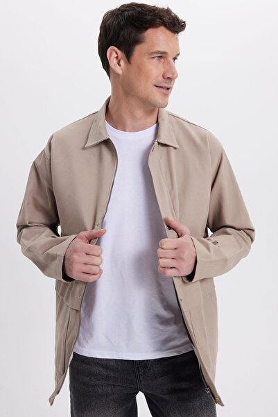 Tudors Men's Relax Fit Comfortable Cut 100% Cotton Double Pocket Zippered Beige Coat Shirt