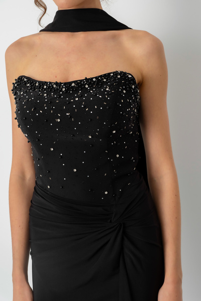 Lafaba Women's Black Shawl Collar Stone Knot Detail Long Evening Dress